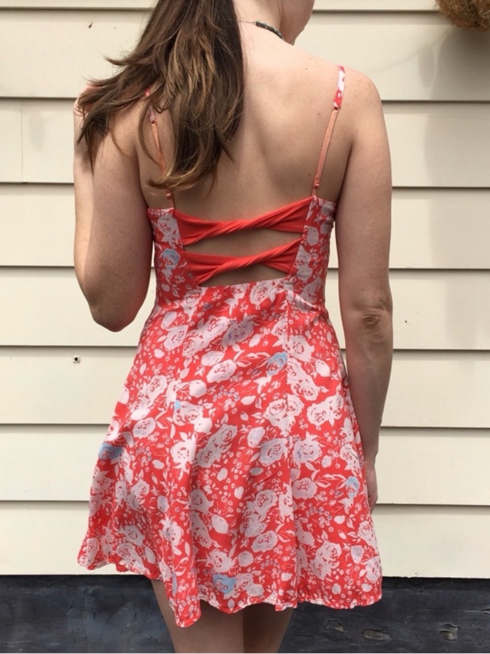 Free People Red Floral Twist Back Mini Dress Size 10 - Picture 3 of 11